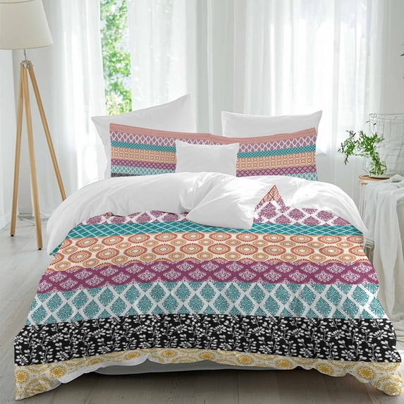 3 Piece Boho Duvet Cover Set Queen Size,Microfiber Comforter/Quilt Cover with Corner Ties and 2 Pillowcases,Colorful Striped Ethnic Geometric Modern Abstract Art Soft Bedding with Zipper Closure