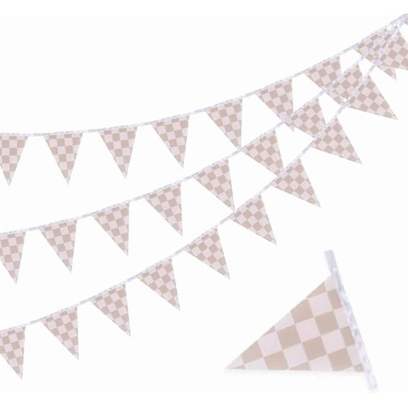 3 Piece Boho Fabric Triangle Flags Brown and Cream Checkered