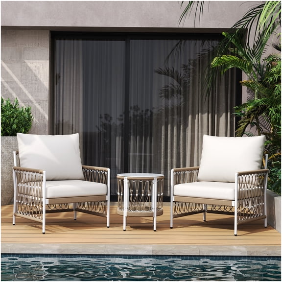 3-Piece Boho Outdoor Conversation Set, 2 Chairs & Table with Waterproof Cushions, Beige