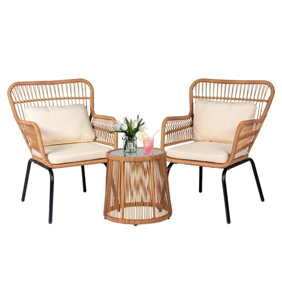 3-Piece Boho Outdoor Patio Furniture Set, Natural Wicker Rattan, Beige Cushions, Round Glass Side Table, Small Bistro Conversation Set for Garden, Balcony, Deck & Porch