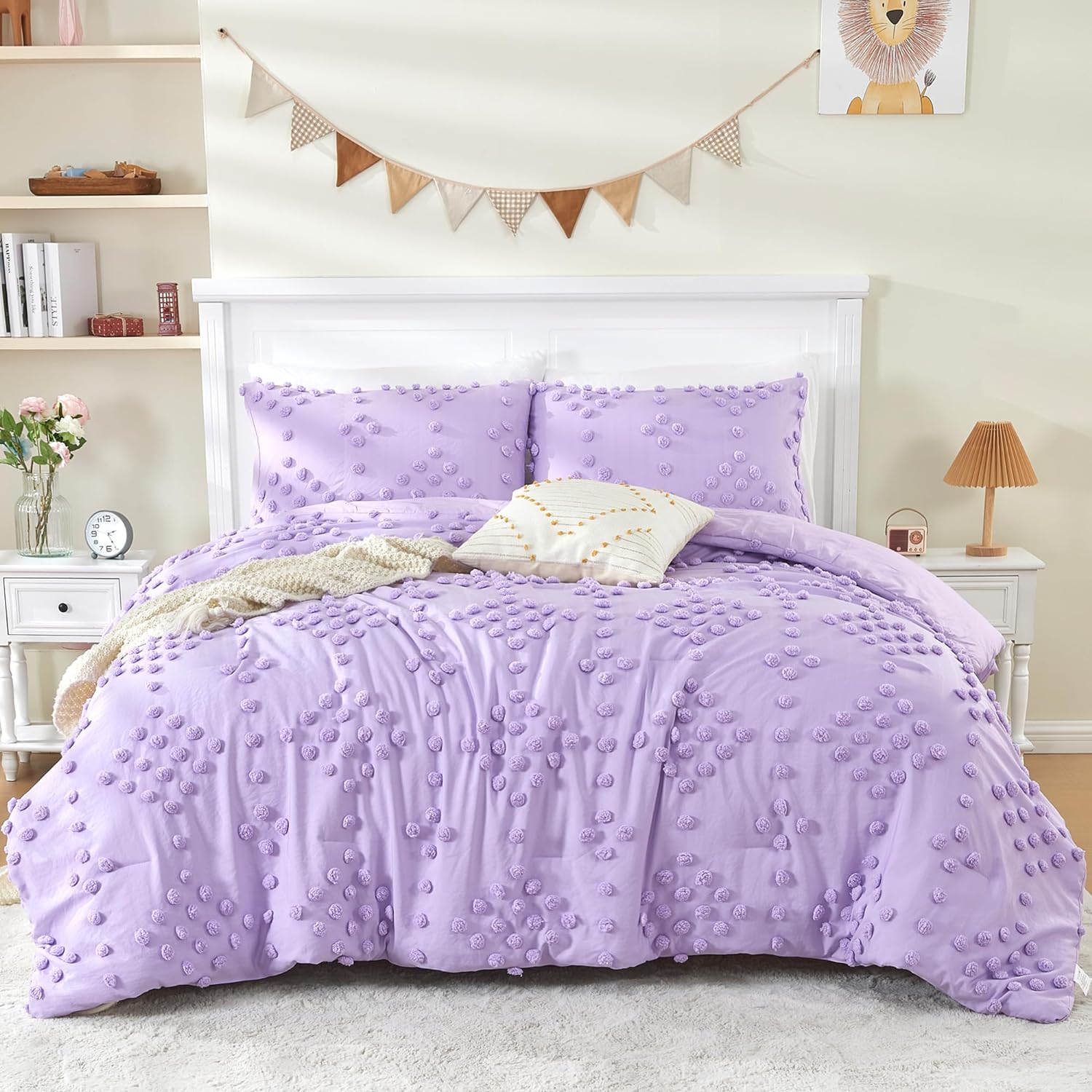 3Piece Boho Tufted Dots Queen Size Kids Bedding Set for Girls Purple Jacquard Pom Pom Tufts