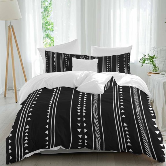 3 Piece Boho White Stripes Duvet Cover Set Queen Size,Microfiber Comforter/Quilt Cover with Corner Ties and 2 Pillowcases,Triangle Arrow Geometric Abstract Art All Season Bedding with Zipper Closure