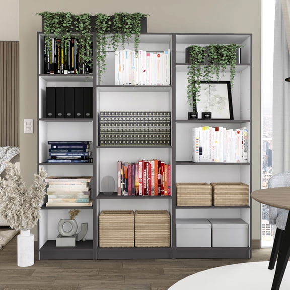 3 Piece Bookcase , 67" Wide With 14 Shelves, Living Room, Gray - White, Shelf Designs, Versatile Options Home By , Stylish Storage, Adaptable Space