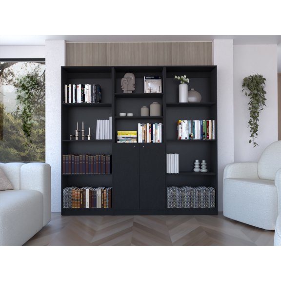 3 Piece Bookcase Set with Cabinet, 74 in Wide 11 Shelves, Black Storage Wall Unit for Living Room Home Office