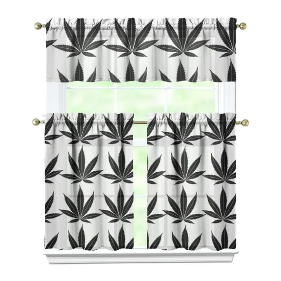 3 Piece Botanical Kitchen Curtains Set 27.5x36 Inch, Bamboo Leaves Print Polyester Valance and Tiers, Window Drapes for Small Kitchen, Cabin or Country Style Decor