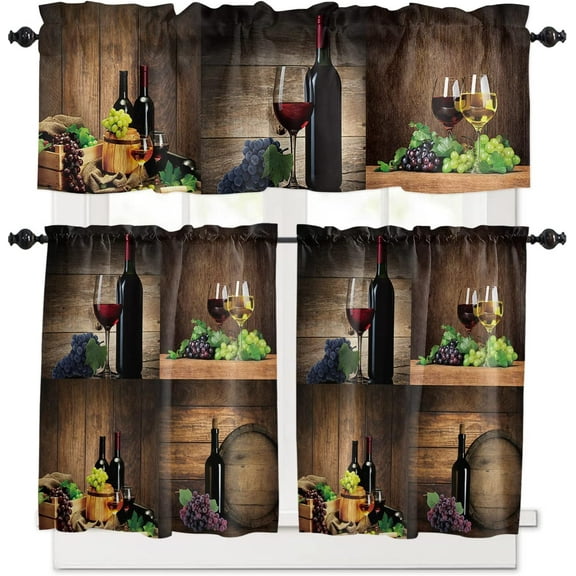 3 Piece Bottles Glasses Wine Grapes Kitchen Curtains, Tier and Valance Rod Pocket Window Curtains Set Wooden Table Cafe Curtains for Kitchen Valances Window Treatment 54X18in+27x24in×2