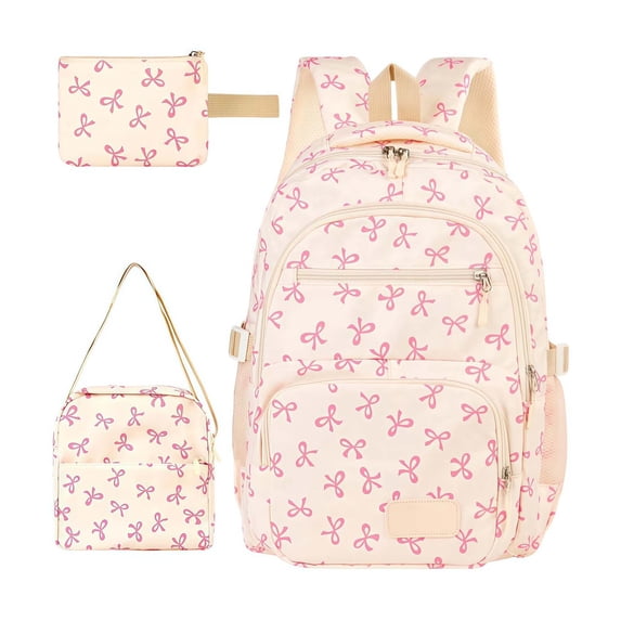 3 Piece Bow Backpack Set, Large Capacity Coquette School Backpack with Adjustable Shoulder Straps White&pink