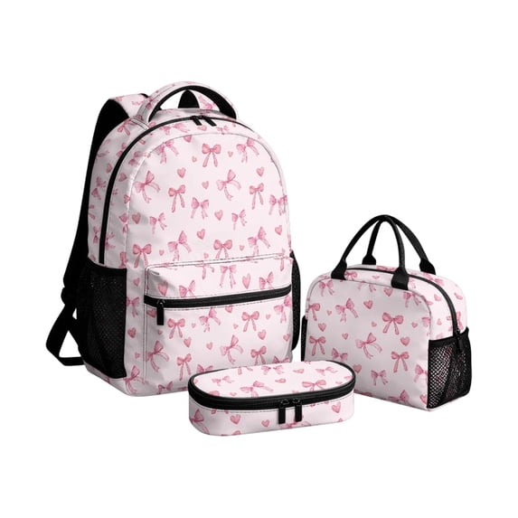 3-Piece Bow Print Backpack Set for Girls, Polyester School Backpack with Lunch Tote Bag & Pencil Case, Lightweight Student Schoolbag Kit,C