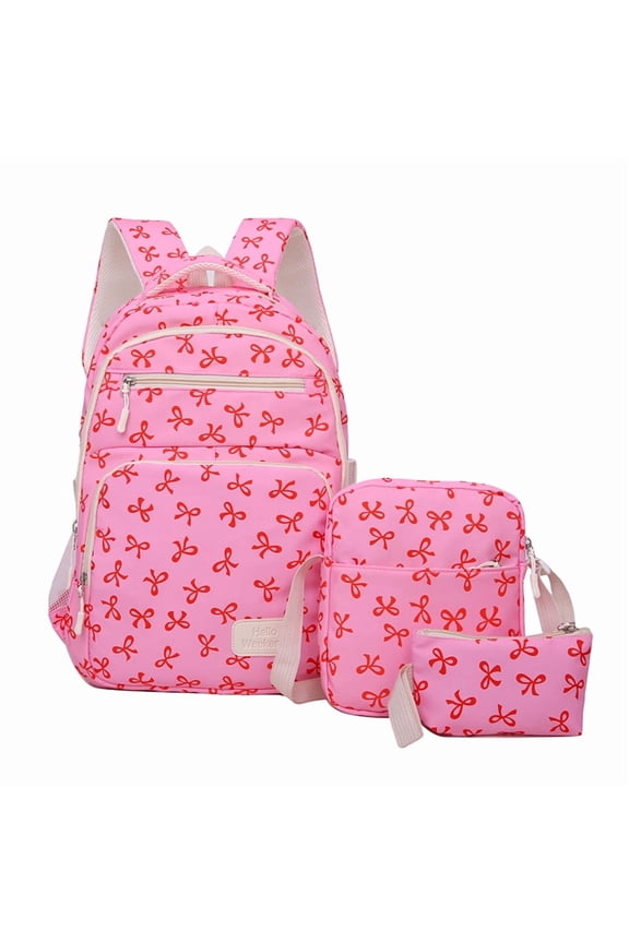 3 Piece Bowknot Nylon Backpack Bundle with Crossbody Bag & Storage Bag, Large Capacity Lightweight Laptop Daypack, Casual Rucksack for School Daily Use, 17.72" x 12.6" x 5.51" (Pink)