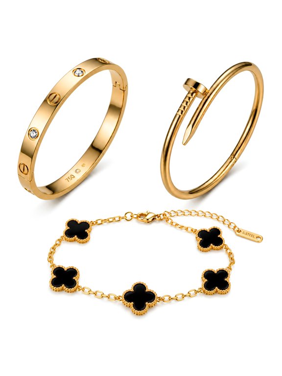 3 Piece Bracelet Combo for Women, Clover Chain Bracelet with Minimal Bangle and Nail Style Bracelet, Stackable Fashion Wrist Jewelry Set