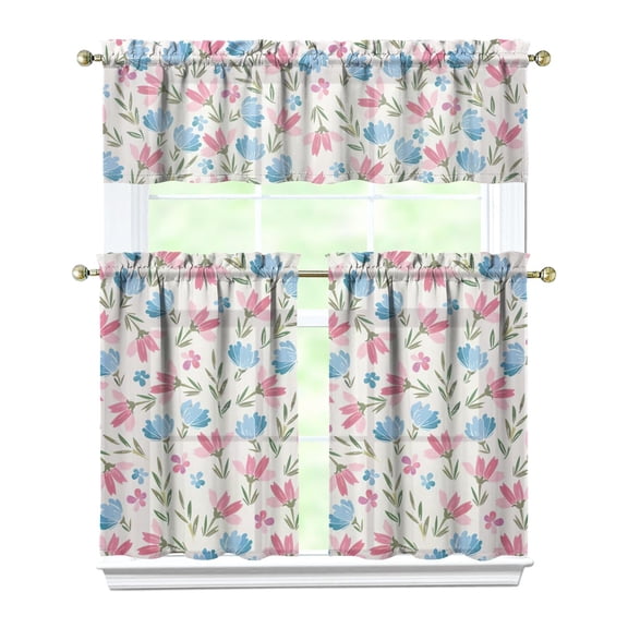 3-Piece Bright Flowers Kitchen Curtain Set - Ruffled Valance and Tier Curtains with Rod Pocket, Fresh Floral Pattern for Farmhouse Kitchen Windows Decor, 54"x18" + 27.5"x36"x2