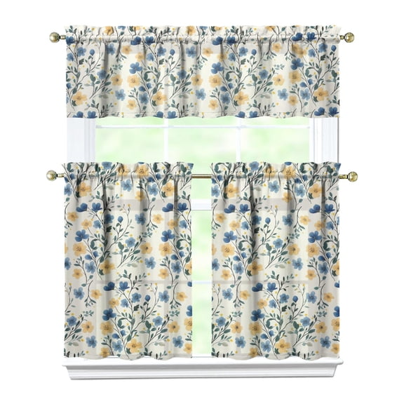 3-Piece Bright Flowers Kitchen Curtain Set - Ruffled Valance and Tier Curtains with Rod Pocket, Fresh Floral Pattern for Farmhouse Kitchen Windows Decor, 54"x18" + 27.5"x36"x2