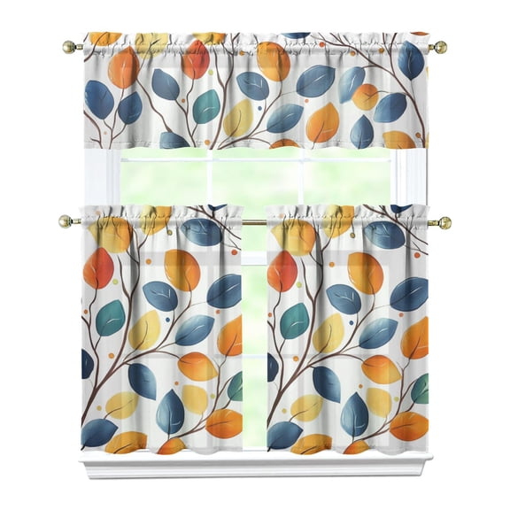 3-Piece Bright Flowers Kitchen Curtain Set - Ruffled Valance and Tier Curtains with Rod Pocket, Fresh Floral Pattern for Farmhouse Kitchen Windows Decor, 54"x18" + 27.5"x36"x2