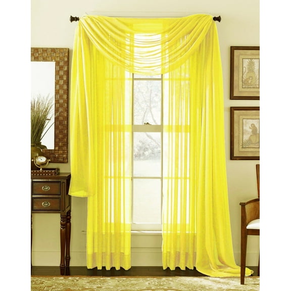 3 Piece Bright YELLOW Sheer Voile Curtain Panel Set: 2 Yellow Panels and 1 Scarf…
