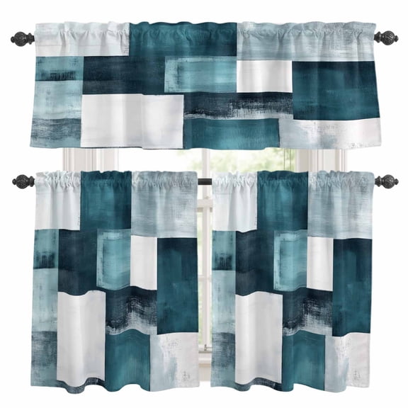 3 Piece Bronze Abstract Kitchen Curtain Valance and Tiers Set Modern Rustic Geometric Color Block Plaid Rod Pocket Tier Curtain 36 Inch Small Window Drapes for Living Room Bedroom Cafe Home Decor
