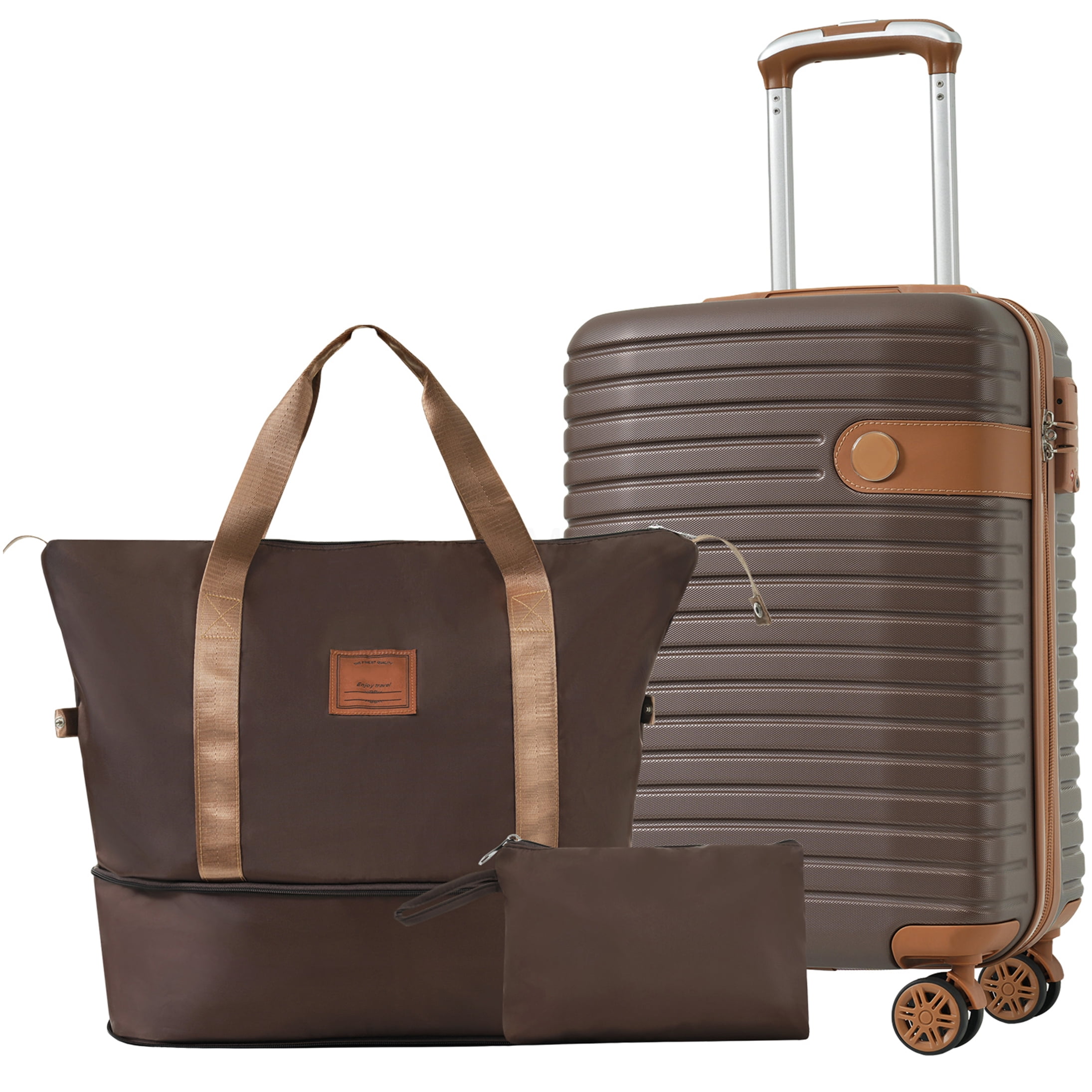 3-Piece Brown ABS Hardshell Luggage Set with Spinner Wheels, TSA Lock & Weekender Bag