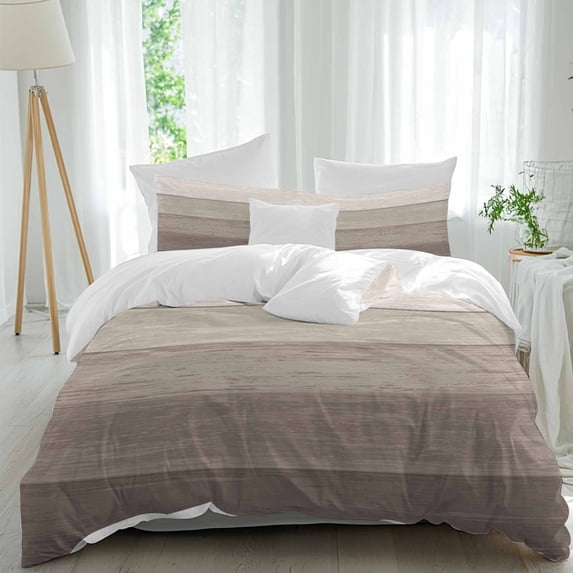 3 Piece Brown Beige Ombre Duvet Cover Set Twin Size, Microfiber Comforter/Quilt Cover with Corner Ties and 2 Pillowcases, Farmhouse Vintage Wooden Striped All Season Soft Bedding with Zipper Closure