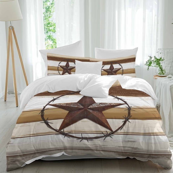 3 Piece Brown Beige Texas Star Duvet Cover Set Twin Size, Microfiber Comforter/Quilt Cover with Corner Ties and 2 Pillowcases, Vintage Stars Wooden All Season Soft Bedding with Zipper Closure
