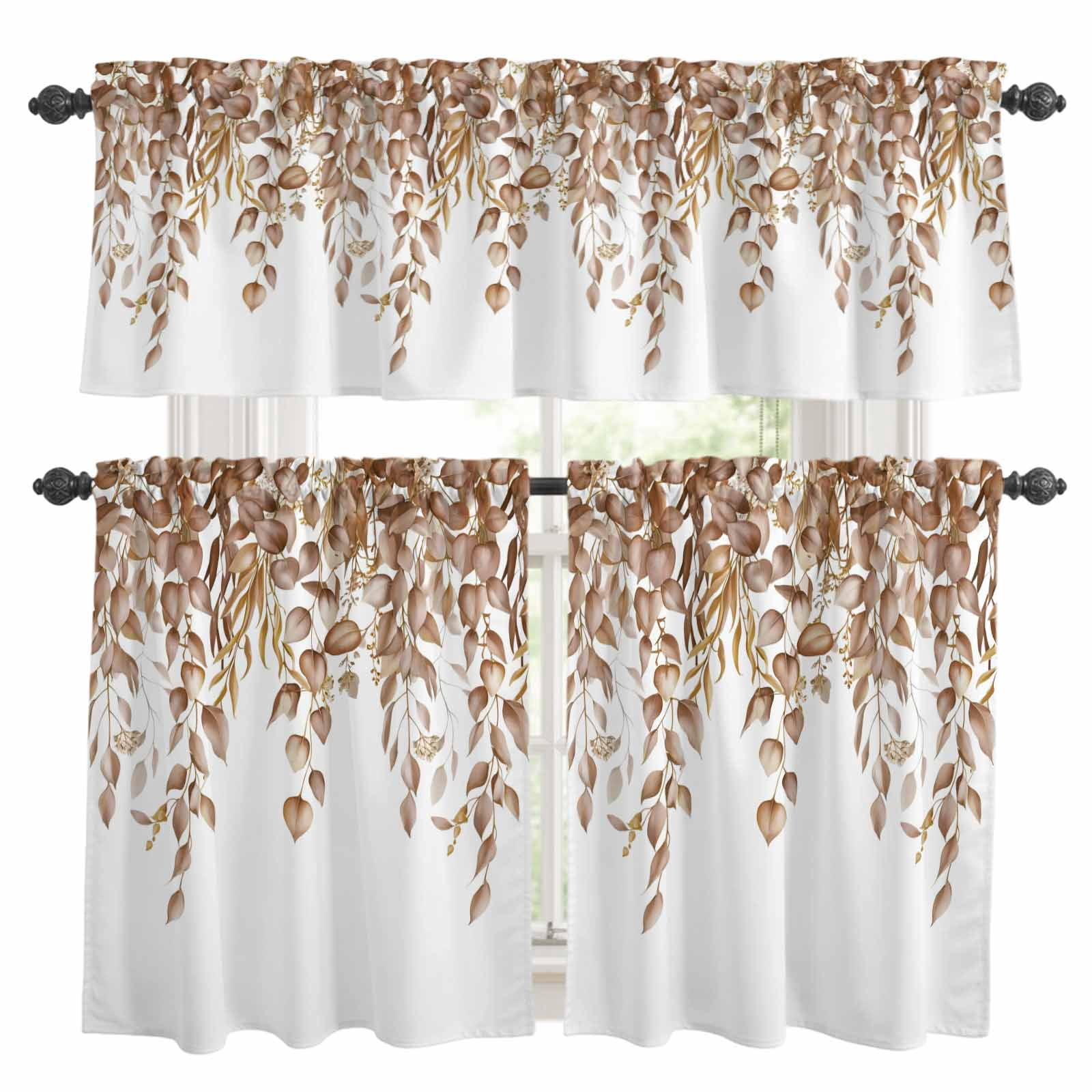 3 Piece Brown Leaf Kitchen Curtain Valance and Tiers Set Eucalyptus ...