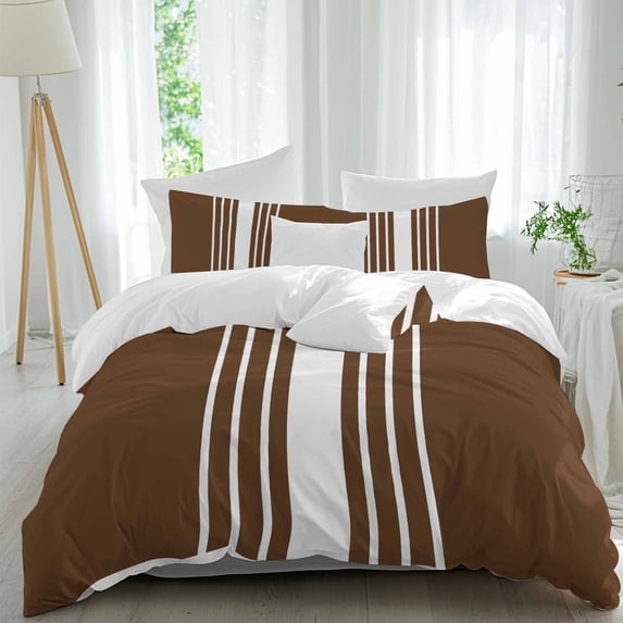 3 Piece Brown White Stripe Duvet Cover Set Queen Size, Microfiber Comforter/Quilt Cover with Corner Ties and 2 Pillowcases, Modern Rustic Vertical Striped All Season Soft Bedding with Zipper Closure