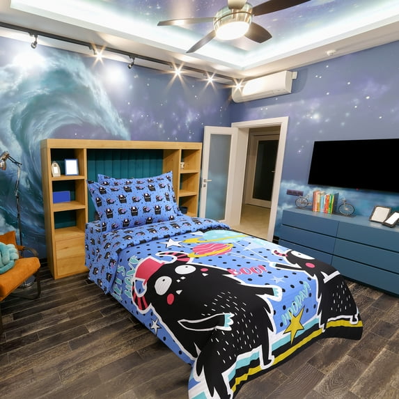 Unique Bargains 3 Piece Brused Polyester Kids Duvet Cover Set Black Cartoon Pattern Twin