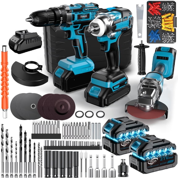 3-Piece Brushless Cordless Power Tool Combo Kit, including impact wrench, angle grinder and impact drill. Comes with batteries and chargers, ideal for concrete drilling, home renovation, household us