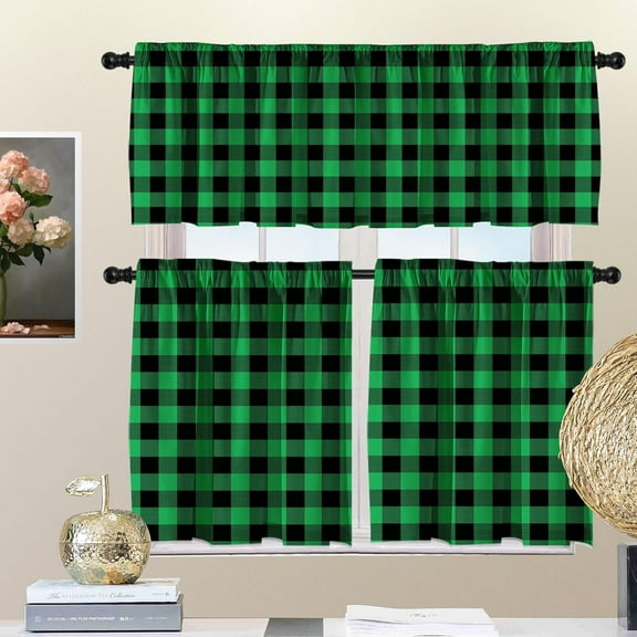3-Piece Buffalo Check Tiers and Valances Set Green and Black Farmhouse Kitchen Window Curtain Rod Pocket Window Treatment Decor Curtain 3