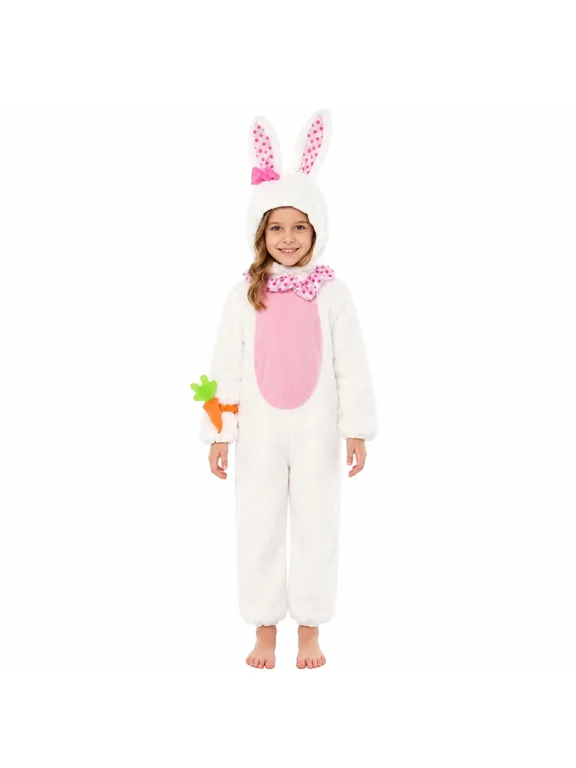 3 Piece Bunny Costume with Jumpsuit Bunny Ear Hood and Carrot Accessory Halloween Easter Dress Up