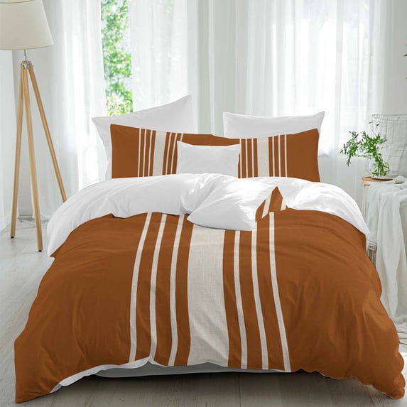 3 Piece Burnt Orange Beige Striped Duvet Cover Set California King,Microfiber Comforter/Quilt Cover with Corner Ties and 2 Pillowcases,Modern Farmhouse Retro Lines Soft Bedding with Zipper Closure