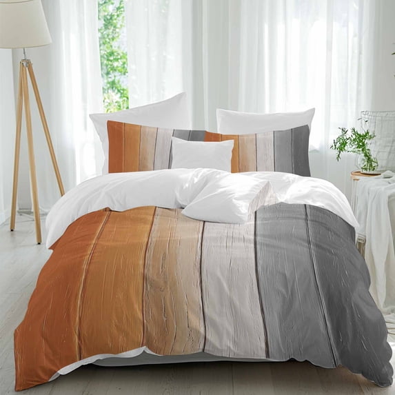 3 Piece Burnt Orange Gray Ombre Duvet Cover Set Queen Size, Microfiber Comforter/Quilt Cover with Corner Ties and 2 Pillowcases, Vintage Farmhouse Wooden All Season Soft Bedding with Zipper Closure