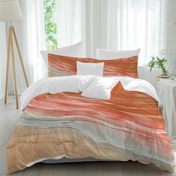 3 Piece Burnt Orange Ombre Coastal Duvet Cover Set California King,Microfiber Comforter/Quilt Cover with Corner Ties and 2 Pillowcases,Summer Nautical Beach Ocean Seaside Bedding with Zipper Closure