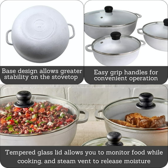 IMUSA Caldero Stock Pot with Glass Lid 3pc Set, 1.5/2.5/5.2qt, Cast Aluminum, Perfect for Serving Medium & Small Groups, Riveted Handles, Made in Colombia, Silver