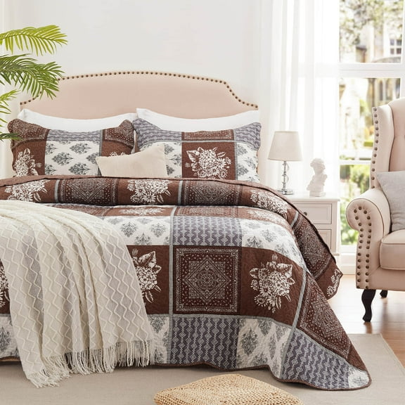 3-Piece California King Size Quilt Set - Brown Patchwork Pattern Bedspread Coverlet with 2 Pillow Shams, Microfiber