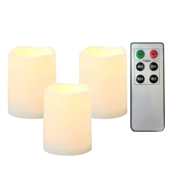 3 Piece Candle Choice Waterproof Outdoor Flameless LED Candles - with Remote and Timer Realistic Flickering Battery Operated Powered Electric Electronic Plastic Resin Pillar Candles 3-Pack 3x4