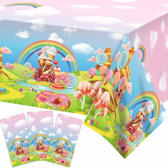 3 Piece Candyland Birthday Tablecloths Plastic Rainbow Lollipop Castle Table Covers for Birthday Baby Shower Party