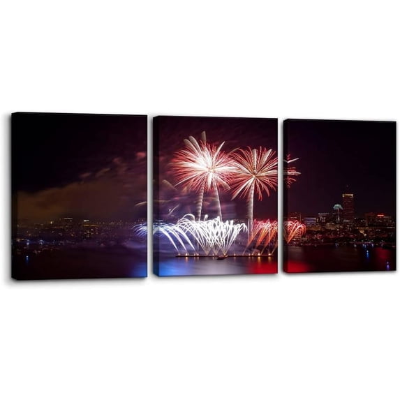 3 Piece Canvas Print Wall Art Window View NYC Harbor Fireworks Celebrations & Holidays Nature Photography Realism Landscape Colorful Multicolor for Living Room Bedroom Office - 12" x 16" x 3