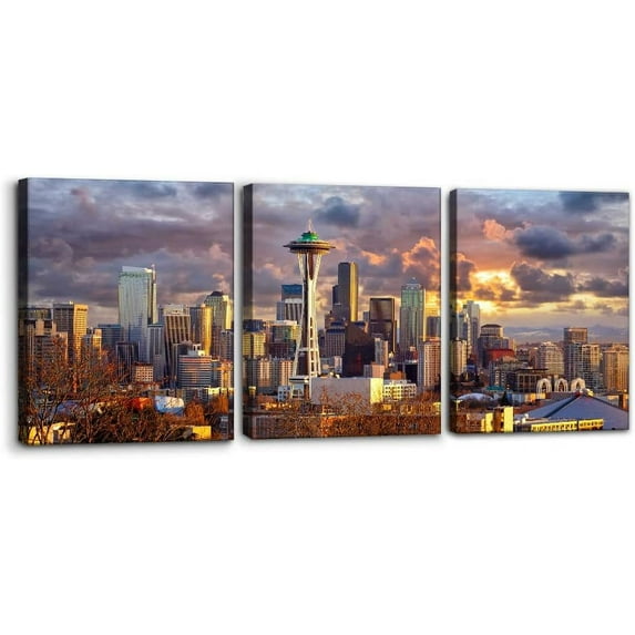 3 Piece Canvas Wall Art City Seattle Observatory Skyline at Sunset Wall Pictures for Living Room Modern Washington Cityscape Art Wall Decor Stretched and Framed Ready to Hang - 12" x 16" x 3