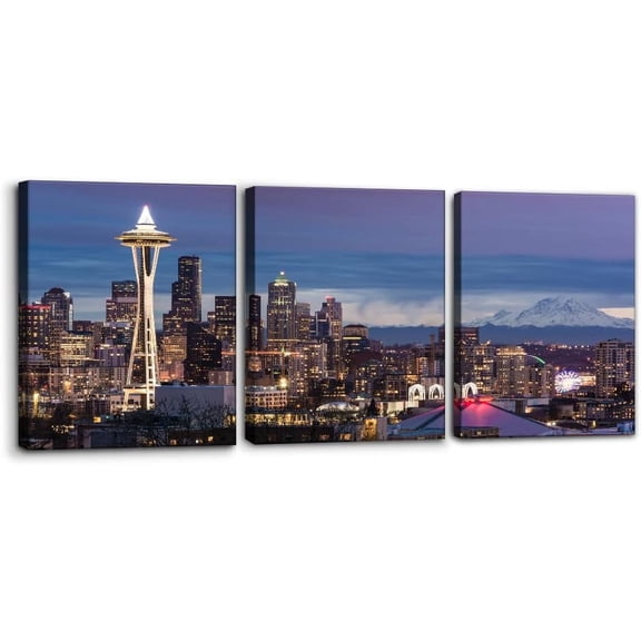 3 Piece Canvas Wall Art City Seattle Skyline at Sunset Wall Pictures for Living Room Bedroom Decor Modern Washington Cityscape Art Wall Decor Stretched and Framed Ready to Hang - 12" x 16" x 3
