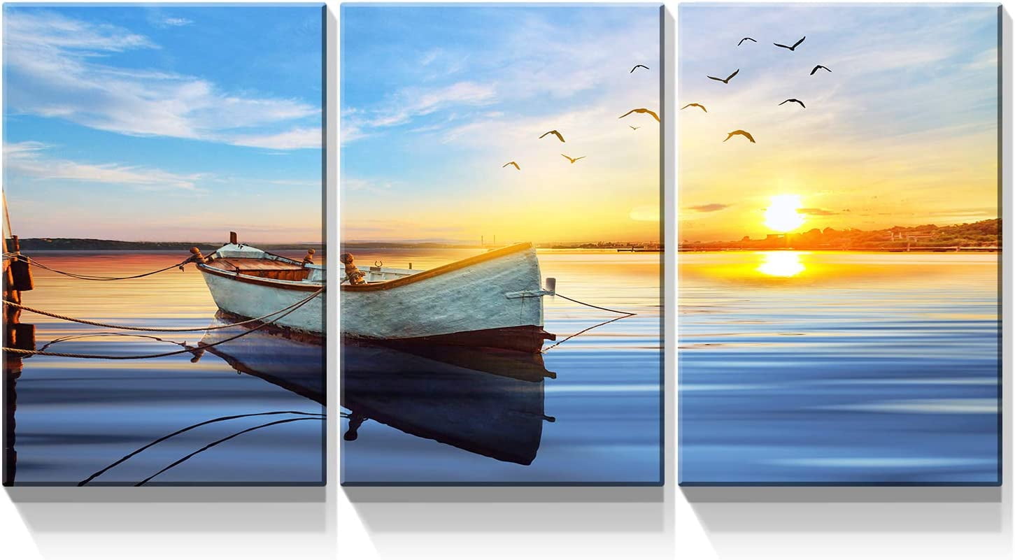 3 Piece Canvas Wall Art - Landscape with Sea and Boats in The Sunset ...