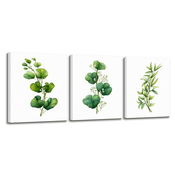 3 Piece Canvas Wall Art for Living Room Bedroom, Green Minimalist Botanical Plant with Flower Artwork Picture Floral Twigs Painting Print for Home Kitchen Office Decor 12x16''