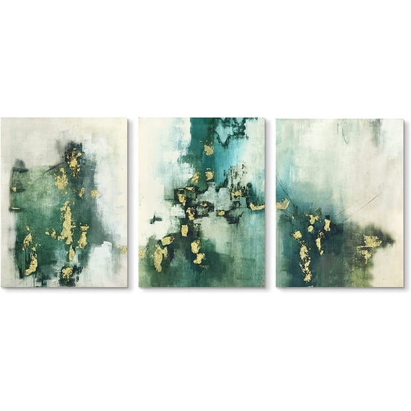 3 Piece Canvas Wall Art for Living Room : Green Abstract Wall Art with Gold Accents Blue Pictures for Bedroom Wall Decor Modern Wall Art for Office Ready to Hang 12X16 Inch Each