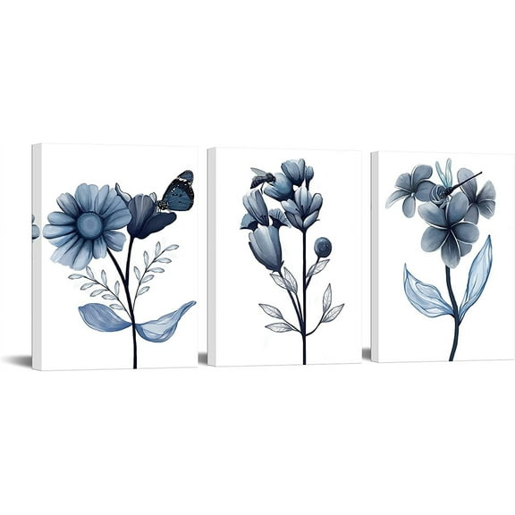 3 Piece Canvas Wall Art Navy Flower Painting Art Prints Blue Floral With Butterfly Picture Artwork Modern Bedroom Bathroom Wall Decor Framed Ready to Hang Each Panel 12x16 Inches