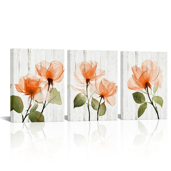 3 Piece Canvas Wall Art Orange Flower Painting Art Prints Floral Picture Artwork Modern Bedroom Bathroom Wall Decor Framed Ready to Hang Each Panel 12x16 Inches
