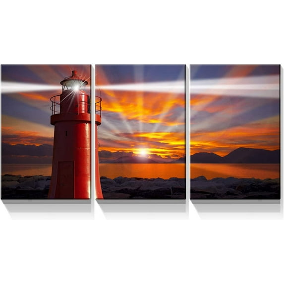3 Piece Canvas Wall Art Prints - Red Lighthouse in The Sunset - Modern Golden Sunset Wall Art for Living Room Home Decor Stretched and Framed Ready to Hang - 12"x16"x3 Panels