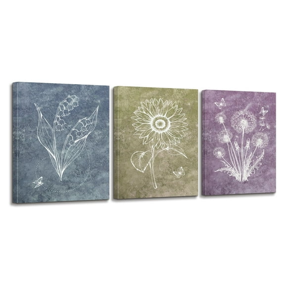 3 Piece Canvas Wall Art for Rustic Farmhouse, Living Room Bedroom, Boho Botanical Plant Flower Artwork Picture Decorations, Floral Painting Print for Home Kitchen Office Decor 8x12 Inch