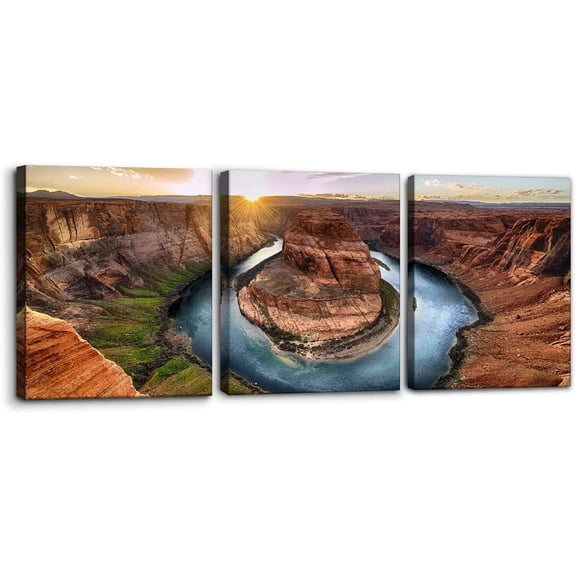 3 Piece Canvas Wall Art - Sunset Moment at Horseshoe Bend Colorado River Grand Canyon National Park Arizona Landscape Modern Home Art Decor Stretched and Framed Ready to Hang - 12"x16"x3 Panel
