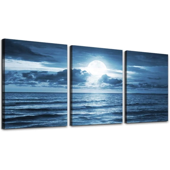 3 Piece Canvas Wall Art for living room - blue sea view The moon Landscape - Modern Home Decor Room Stretched and Framed Ready to Hang - 12"x16"x3 Panels ocean