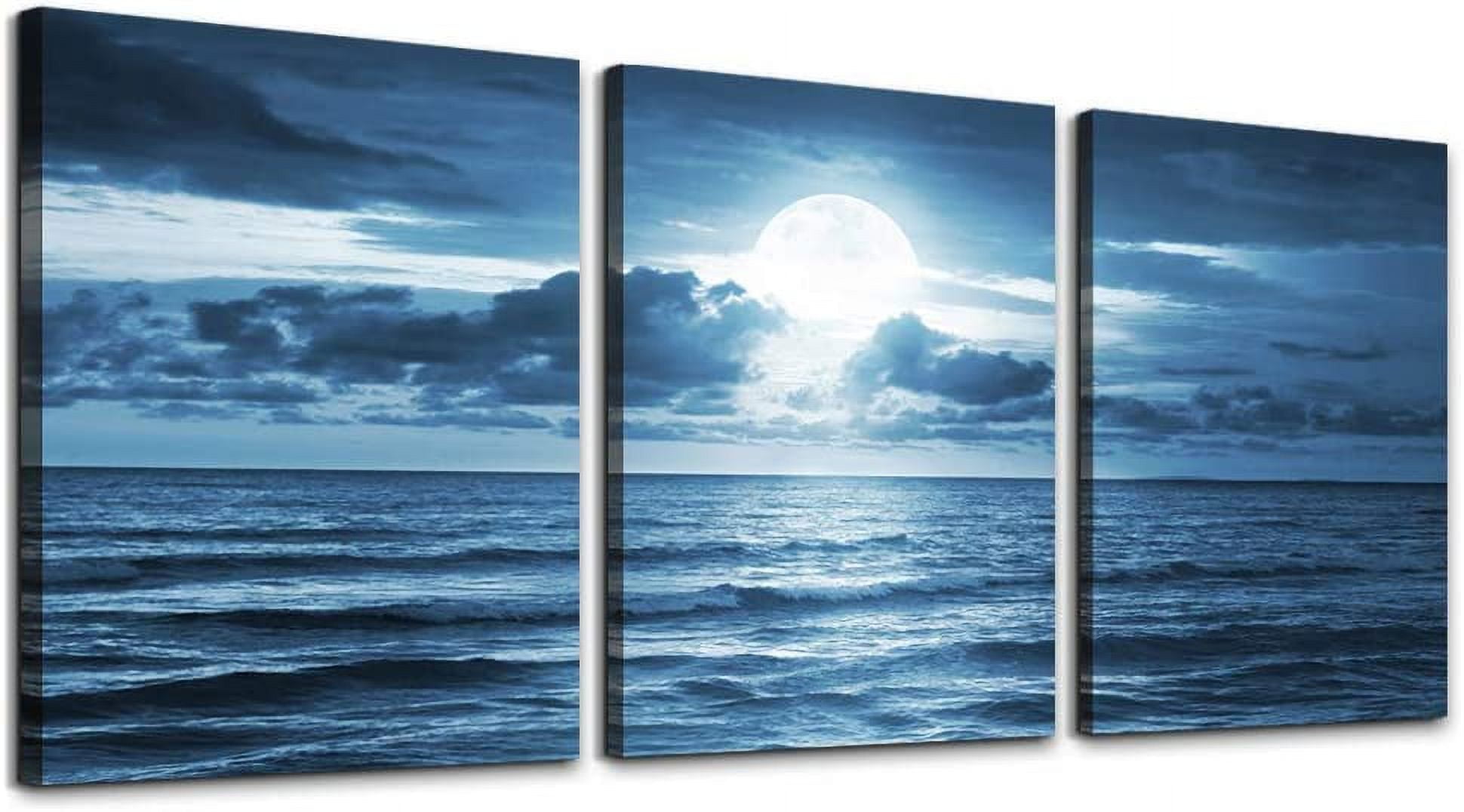 3 Piece Canvas Wall Art for living room - blue sea view The moon ...