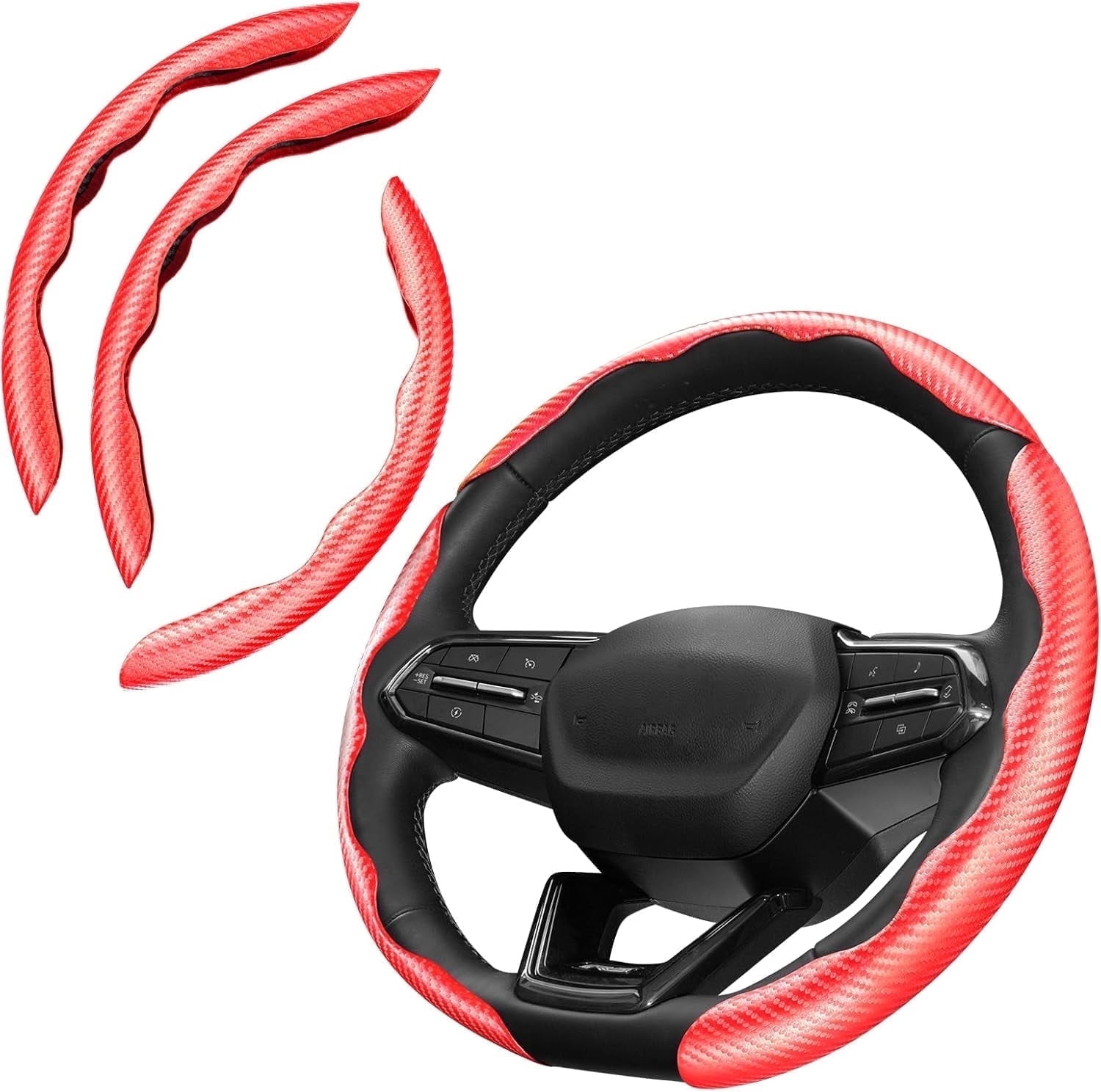Canvcle 3 Piece Carbon Fiber Steering Wheel Cover, Car Steering Wheel Cover for Men/Women, Anti-Slip, Comfortable Grip, Durable, Universal for 99% Car Interior Accessories (Red)