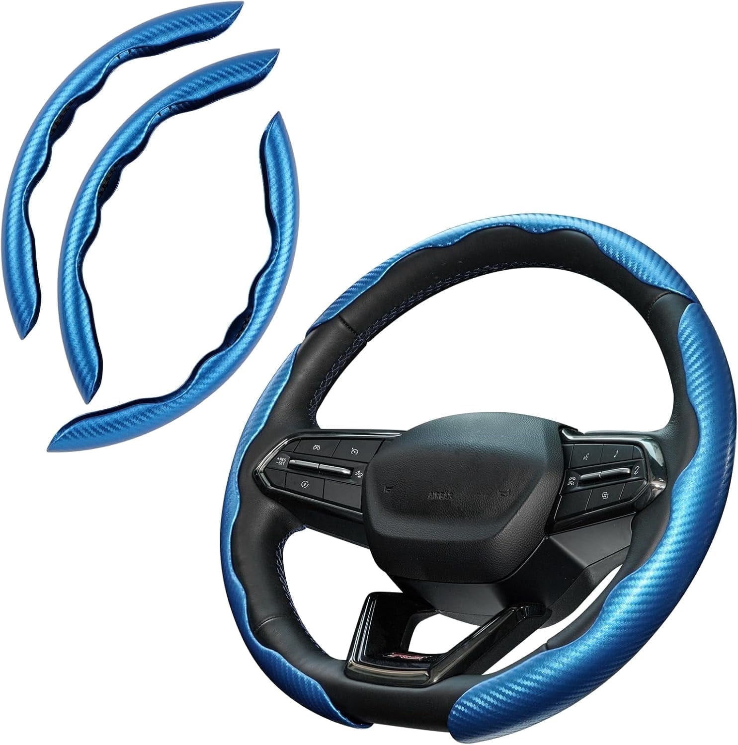 Canvcle 3 Piece Carbon Fiber Steering Wheel Cover, Car Steering Wheel Cover for Men/Women, Anti-Slip, Comfortable Grip, Durable, Universal for 99% Car Interior Accessories (Blue)
